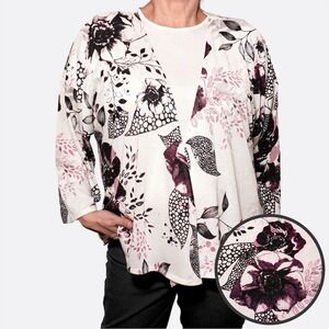 Chico's White Floral Kimono Cardigan Plus Size‎ 1X XL Open Front Boho Feminine